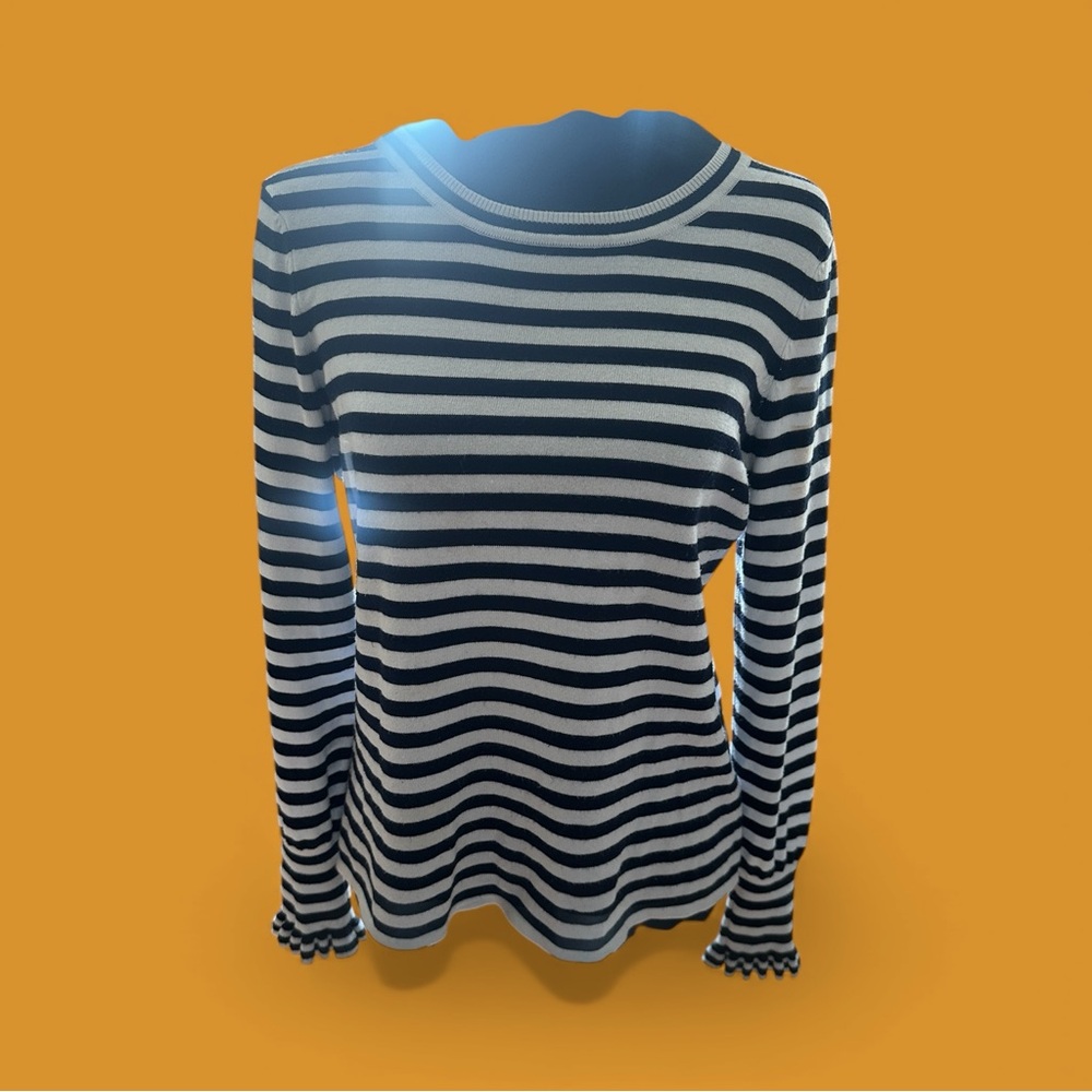 Adrianna Papell Navy and White Striped Long Sleeve Top